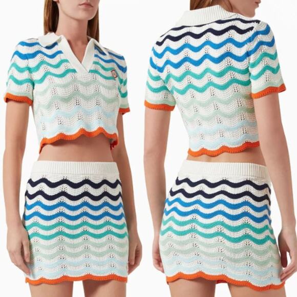 Casablanca | Wavy Crochet Top in Wave Multicolor Cropped Polo XS w/ Tags - Picture 15 of 15